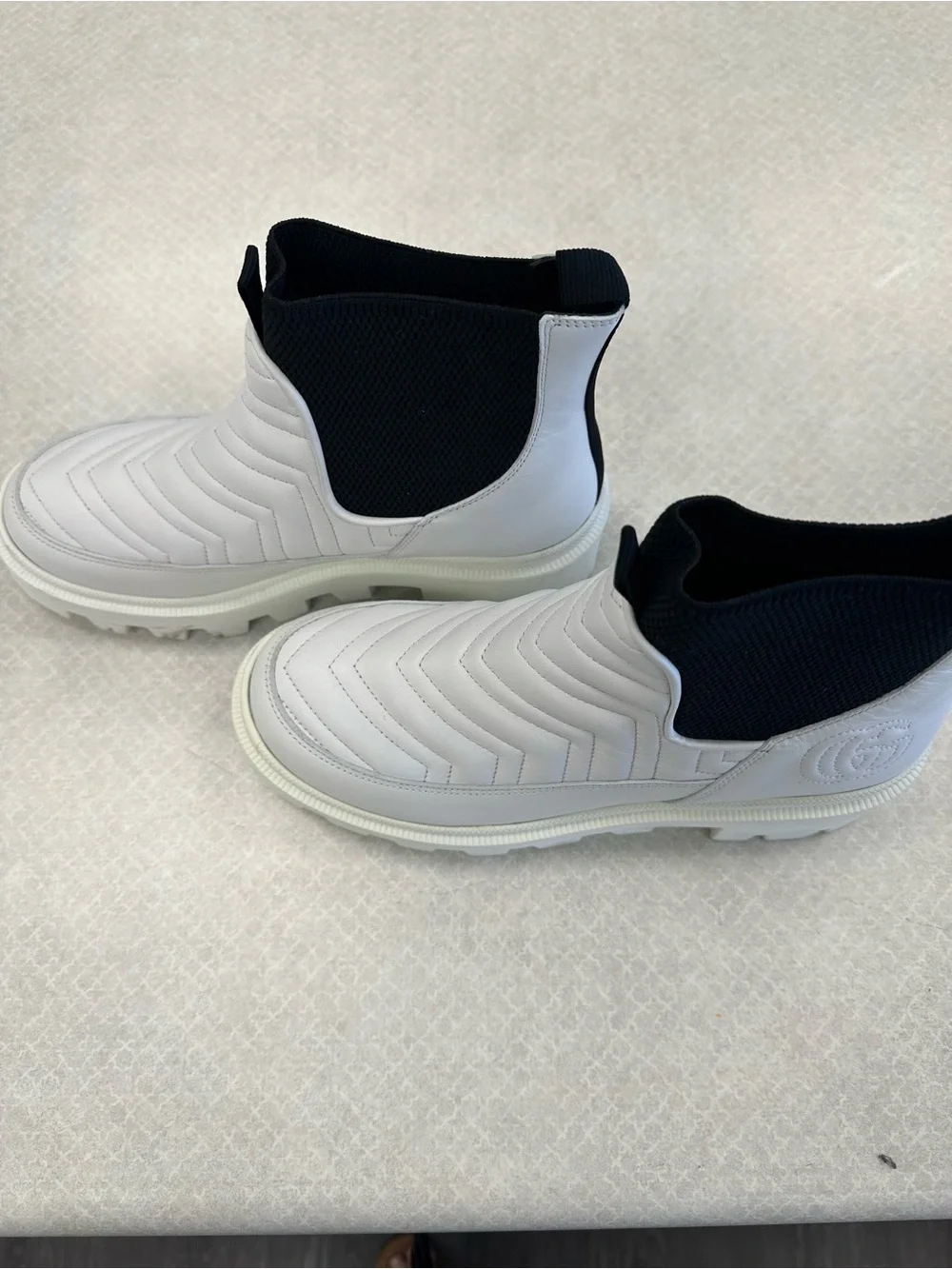 Gucci Women’s White and Black Slip-On Quilted Boots